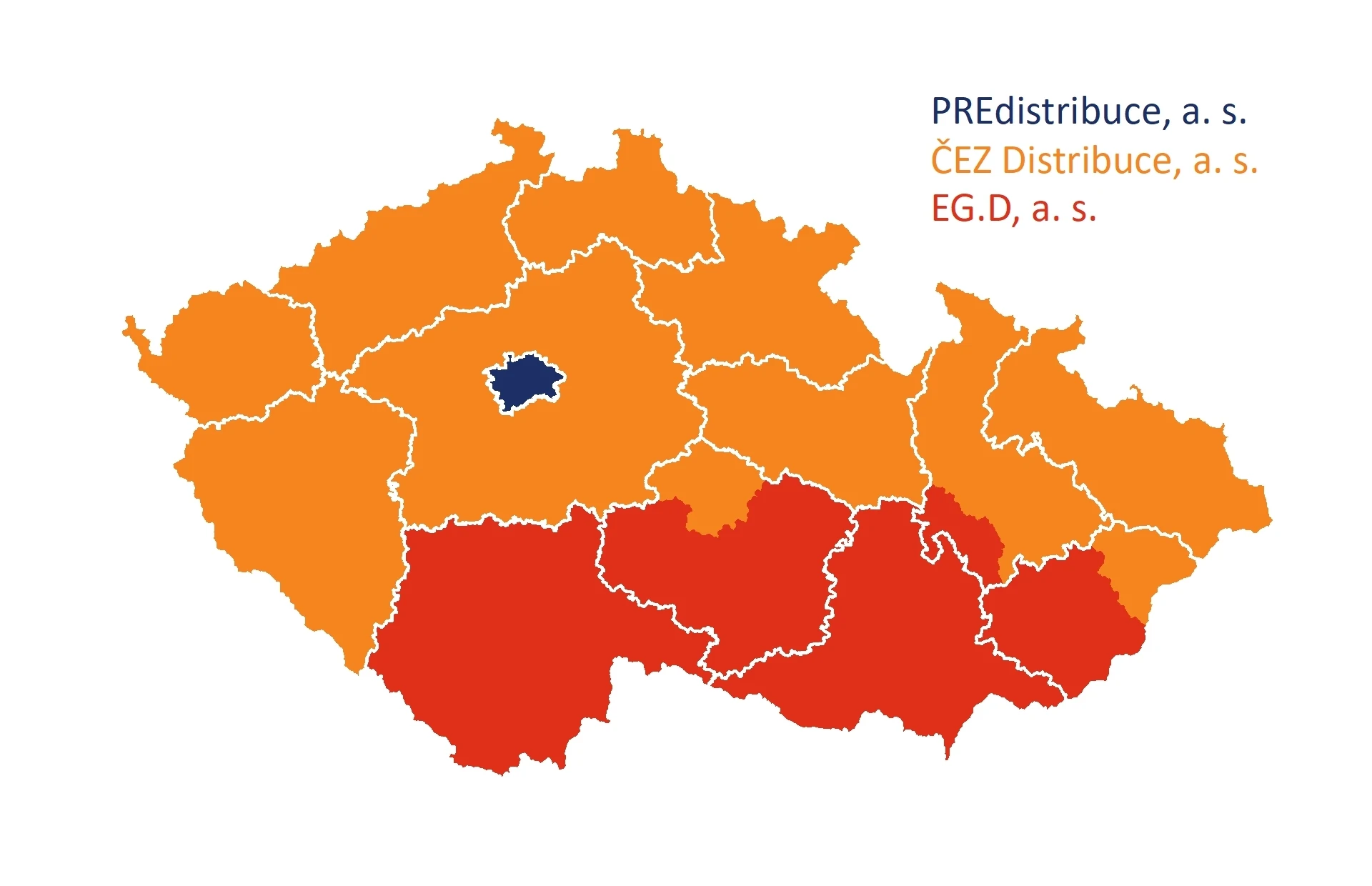 Mapa distributorů ČEZ, PRE, EG.D